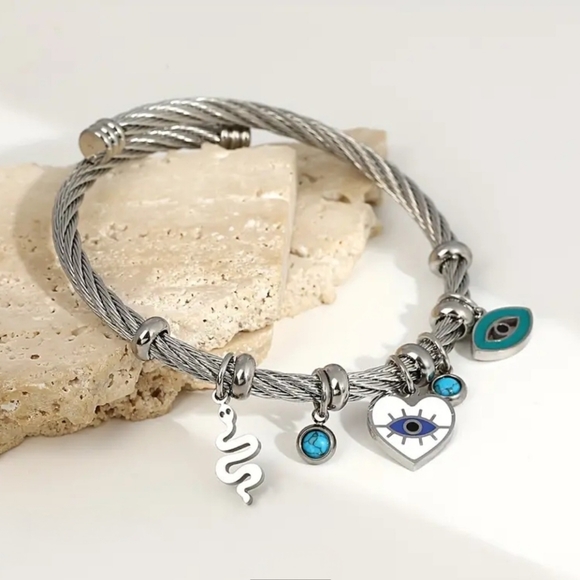 Silver Boho Evil Eye Open Cuff Charm Bracelet - Picture 3 of 3